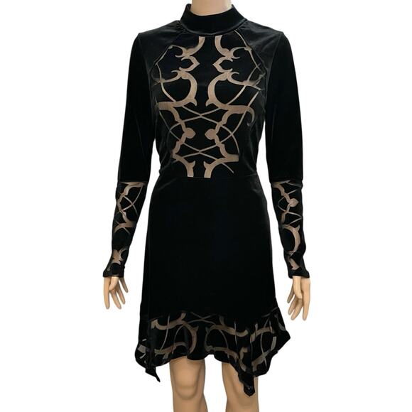 BCBG MaxAzria Velvet Burnout Mini Dress Medium Pointy Witchy Whimsigoth Holiday - Picture 1 of 8
